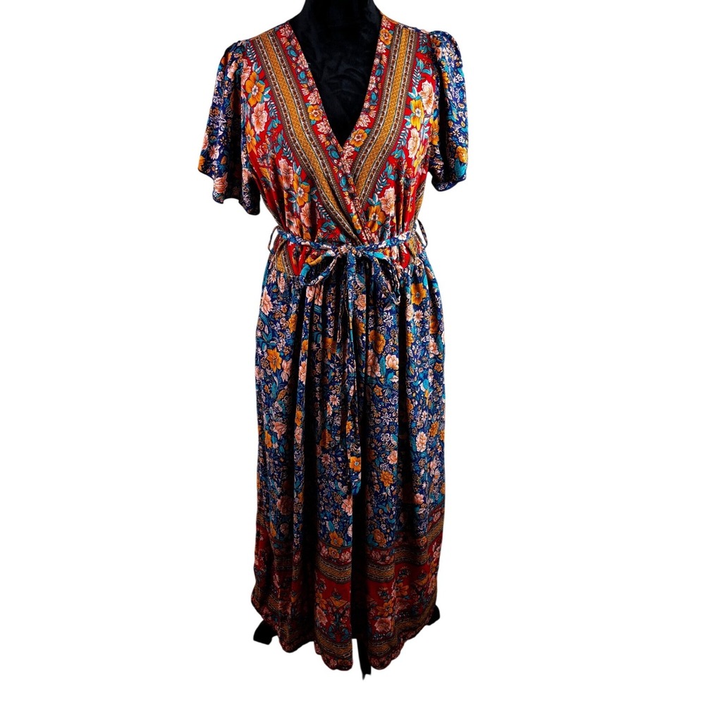 BloomChic Boho Floral Maxi Dress Navy Red Orange Short Sleeve Size 14-16
